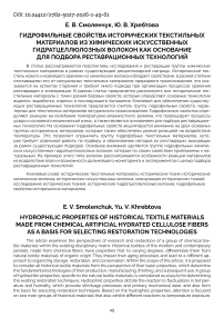 Гидрофильные свойства исторических текстильных материалов из химических искусственных гидратцеллюлозных волокон как основание для подбора реставрационных технологий